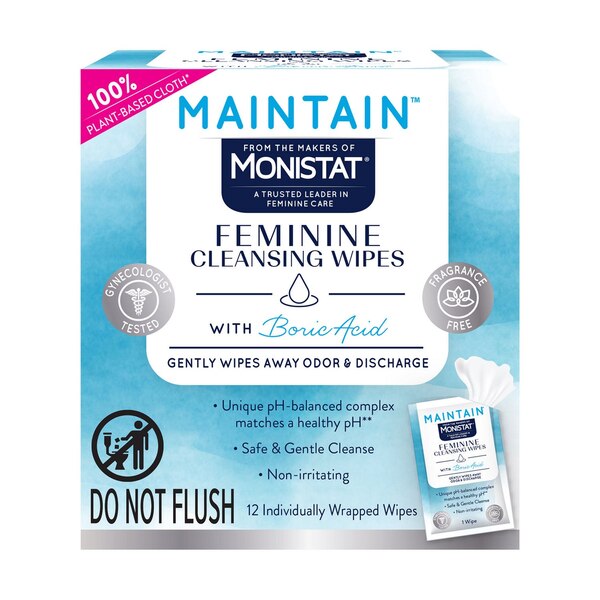 Monistat Feminine Cleaning Wipes with Boric Acid, 12 CT