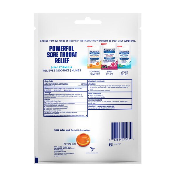 Mucinex InstaSoothe Sore Throat + Soothing Comfort Medicated Lozenges, Honey & Echinacea, 40 CT