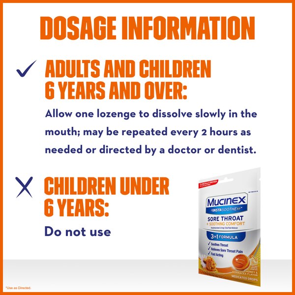 Mucinex InstaSoothe Sore Throat + Soothing Comfort Medicated Lozenges, Honey & Echinacea, 40 CT