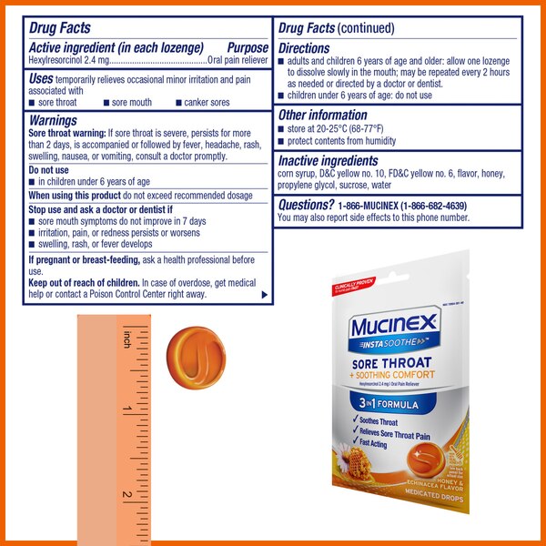 Mucinex InstaSoothe Sore Throat + Soothing Comfort Medicated Lozenges, Honey & Echinacea, 40 CT