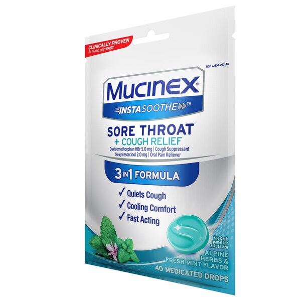 Mucinex InstaSoothe Sore Throat + Cough Relief Medicated Lozenges, Alpine Herbs & Fresh Mint, 40 CT