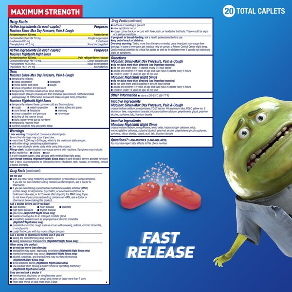 Mucinex Sinus-Max Maximum Strength Pressure, Pain & Cough & Nightshift Sinus Caplets, 20 CT
