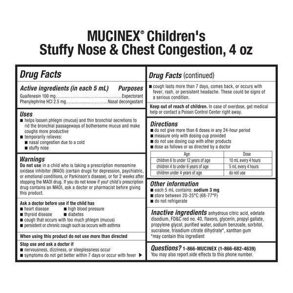 Mucinex Children's Stuffy Nose & Chest Congestion Relief Liquid, Very Berry, 4 OZ