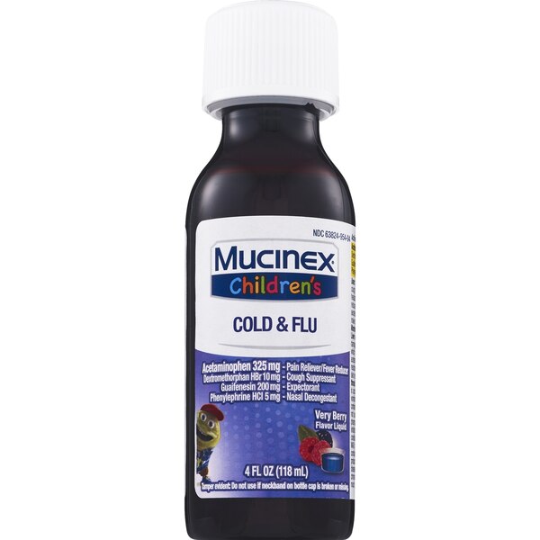 Mucinex Children's Cold, Cough, & Sore Throat Liquid, Mixed Berry, 4 OZ (Packaging May Vary)