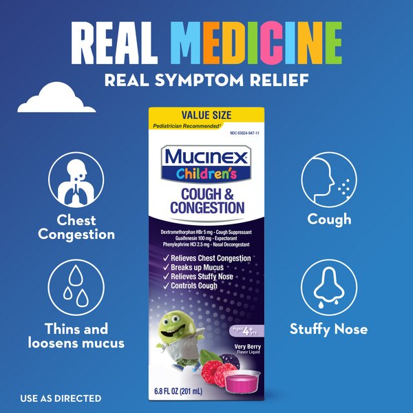Mucinex Children's Congestion & Cough Liquid, Berrylicious, 6.8 OZ (Packaging May Vary)