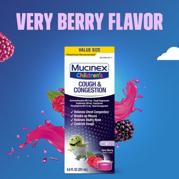 Mucinex Children's Congestion & Cough Liquid, Berrylicious, 6.8 OZ (Packaging May Vary)