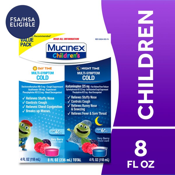 Mucinex Children's - Jarabe para aliviar múltiples síntomas del resfriado, día y noche, 2 x 4 oz (el envase puede variar)