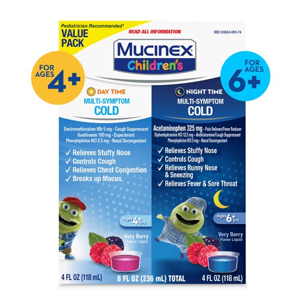 Mucinex Children's - Jarabe para aliviar múltiples síntomas del resfriado, día y noche, 2 x 4 oz (el envase puede variar)