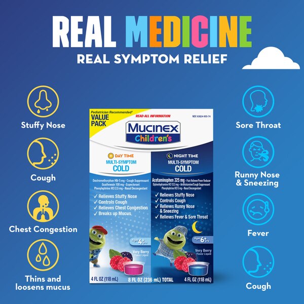 Mucinex Children's - Jarabe para aliviar múltiples síntomas del resfriado, día y noche, 2 x 4 oz (el envase puede variar)