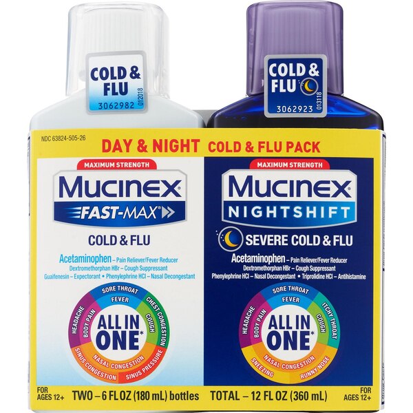 Mucinex Fast-Max Cold and Flu & Nightshift Severe Cold and Flu Combo Pack, 2 12 OZ bottles