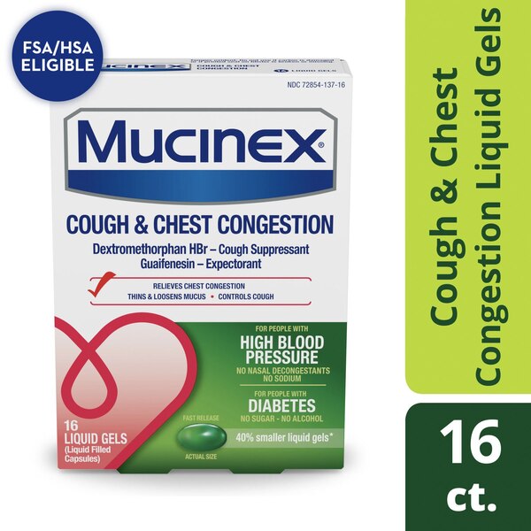 Mucinex Cough & Chest Congestion Liquid Gels, For People with High Blood Pressure or Diabetes, 16 CT