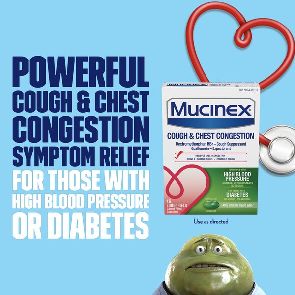 Mucinex Cough & Chest Congestion Liquid Gels, For People with High Blood Pressure or Diabetes, 16 CT