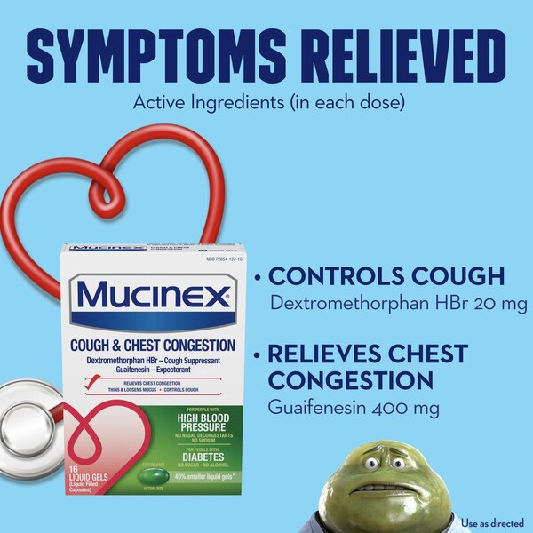 Mucinex Cough & Chest Congestion Liquid Gels, For People with High Blood Pressure or Diabetes, 16 CT