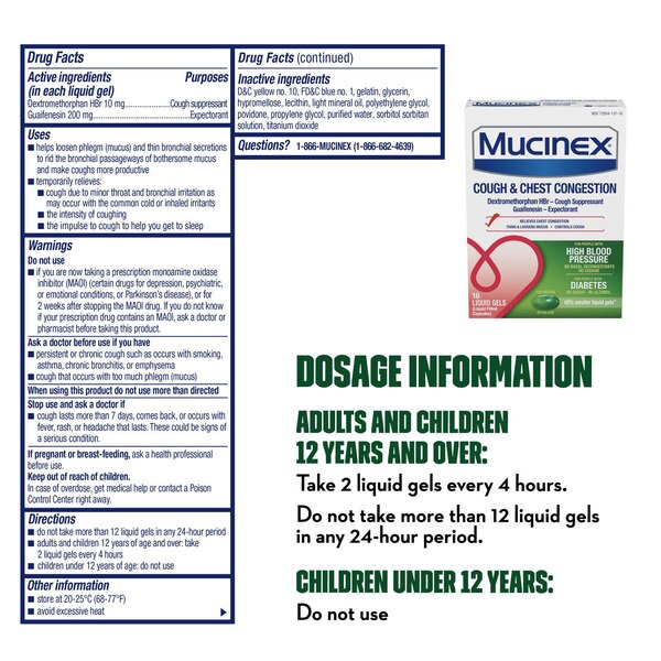 Mucinex Cough & Chest Congestion Liquid Gels, For People with High Blood Pressure or Diabetes, 16 CT