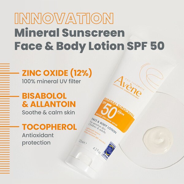 Avène Mineral Sunscreen Face and Body Lotion, SPF 50, 4.2 OZ
