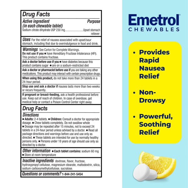 Emetrol Non-Drowsy Rapid Nausea Relief Chewables, Lemon Flavor, 42 CT