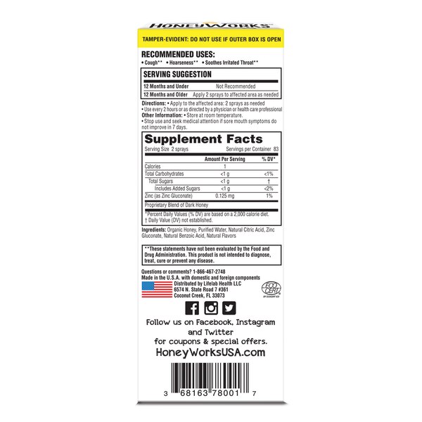 HoneyWorks Kids Organic Honey Soothing Throat Spray Plus Zinc, 1 OZ