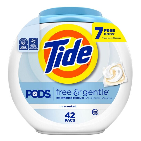 Tide PODS Free & Gentle Liquid Laundry Detergent Pacs, Unscented, 42 ct