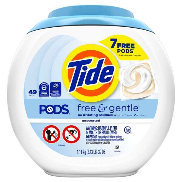 Tide PODS Free & Gentle Liquid Laundry Detergent Pacs, Unscented, 42 ct