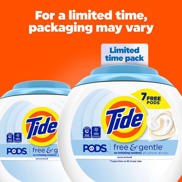 Tide PODS Free & Gentle Liquid Laundry Detergent Pacs, Unscented, 42 ct