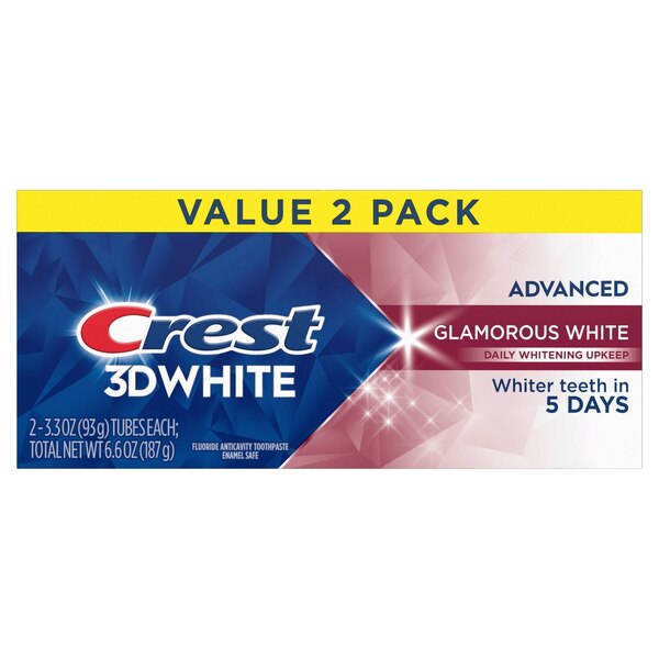Crest 3D White Fluoride Anticavity Whitening Toothpaste, Glamorous White, 3.3 OZ, 2 Pack