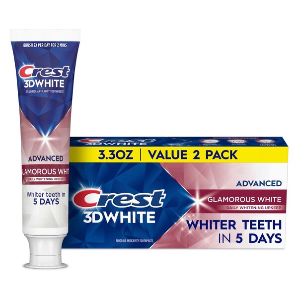 Crest 3D White Fluoride Anticavity Whitening Toothpaste, Glamorous White, 3.3 OZ, 2 Pack