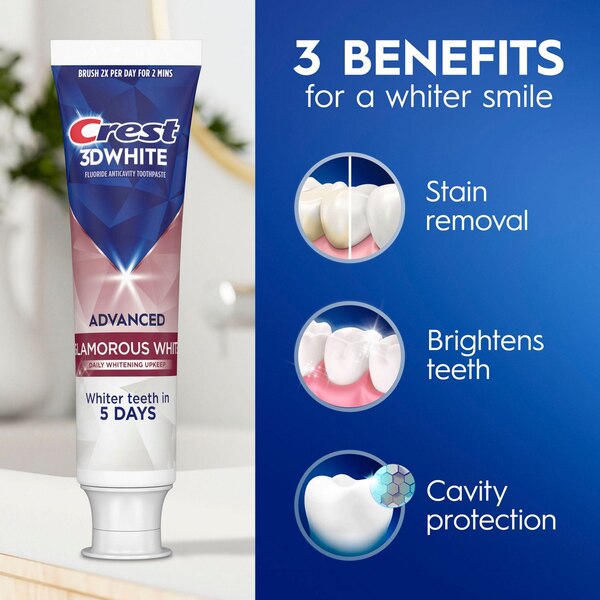 Crest 3D White Fluoride Anticavity Whitening Toothpaste, Glamorous White, 3.3 OZ, 2 Pack