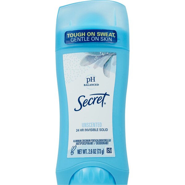 Secret PH Balanced 24HR Invisible Solid Antiperspirant/Deodorant, Unscented, 2.6 OZ