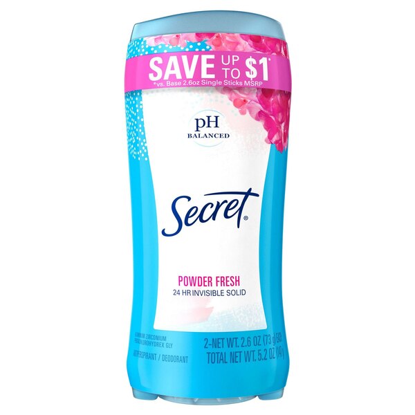 Secret Outlast 24-Hour Antiperspirant & Deodorant Stick, Powder Fresh, 2.6 OZ, 2 Pack