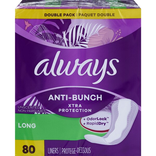 Always Daily Liners, Anti-Bunch, Long , Unscented, 80 CT