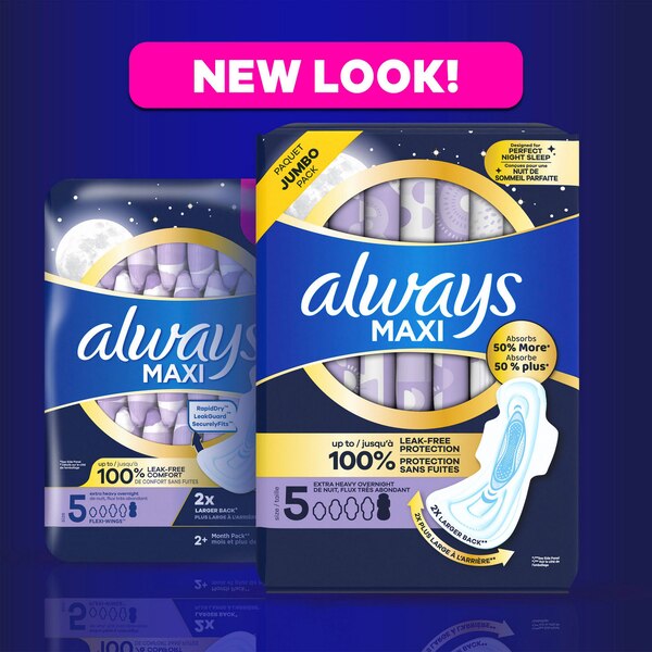 Always - Toallitas femeninas Maxi tamaño 5, con alas, sin perfume, nocturnas, flujo muy abundante