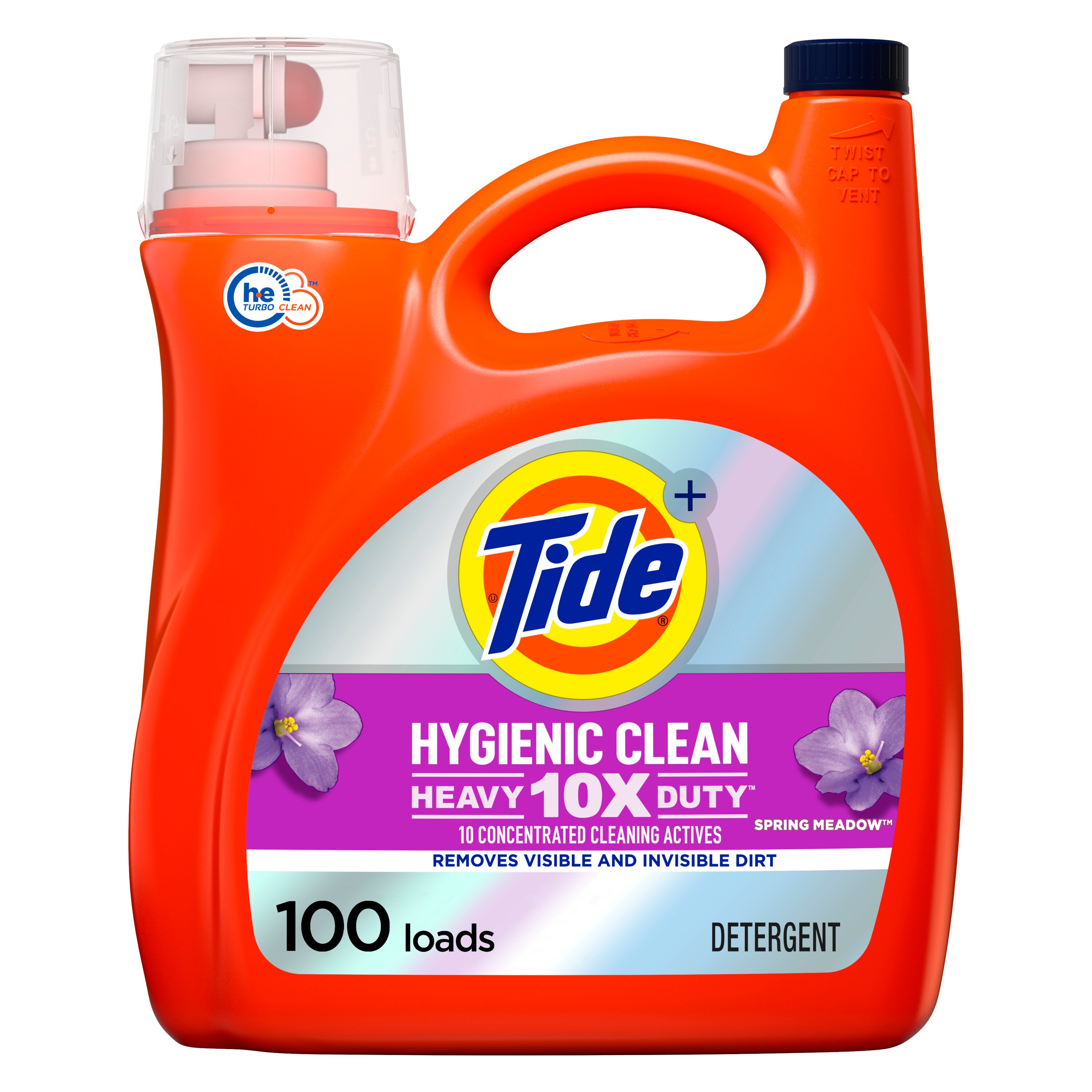 Tide Hygienic Clean Heavy 10x Duty Liquid Laundry Detergent, Spring Meadow, 100 Loads, 154 fl oz, HE Compatible