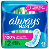 Always Maxi Feminine Pads without Wings for Women, Size 2, Long Super Absorbency, Unscented, 42 CT, thumbnail image