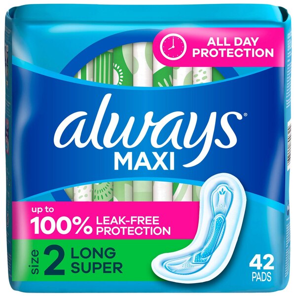 Always Maxi Feminine Pads without Wings for Women, Size 2, Long Super Absorbency, Unscented, 42 CT