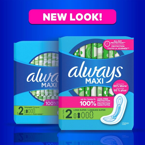 Always Maxi Feminine Pads without Wings for Women, Size 2, Long Super Absorbency, Unscented, 42 CT