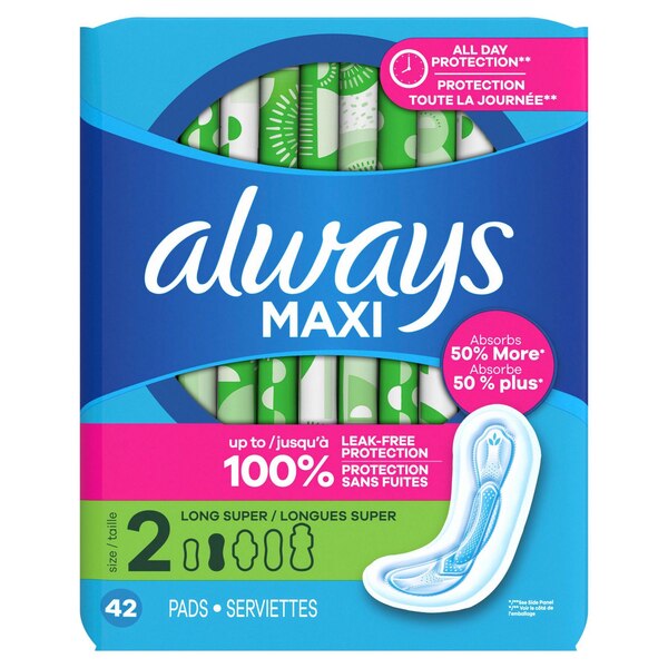 Always Maxi Feminine Pads without Wings for Women, Size 2, Long Super Absorbency, Unscented, 42 CT