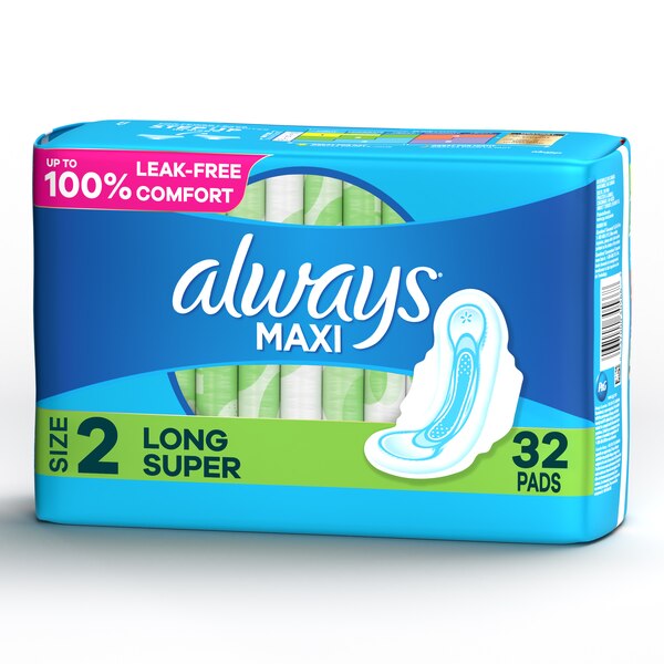 Always Size 2 Long Maxi Pads with Wings, Unscented, Super