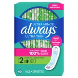 Always Ultra Thin Feminine Pads without Wings for Women, Size 2, Long Super Absorbency, Unscented, 40 CT, thumbnail image