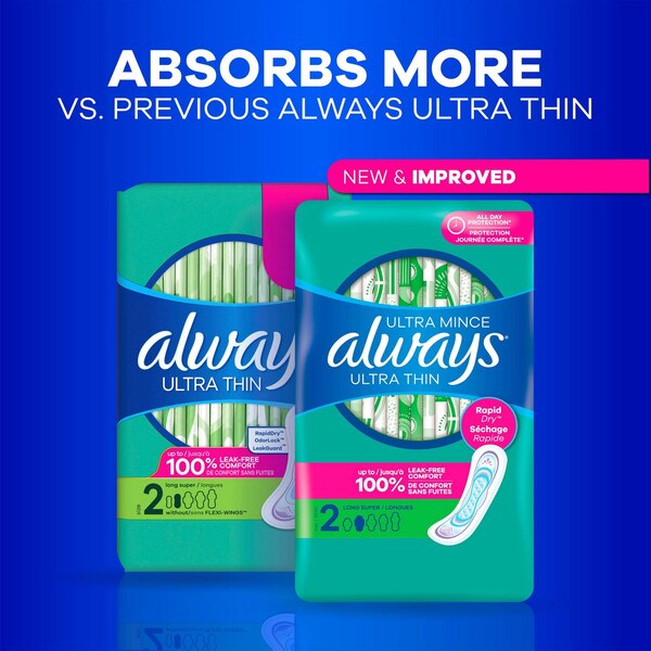 Always Ultra Thin Feminine Pads without Wings for Women, Size 2, Long Super Absorbency, Unscented, 40 CT