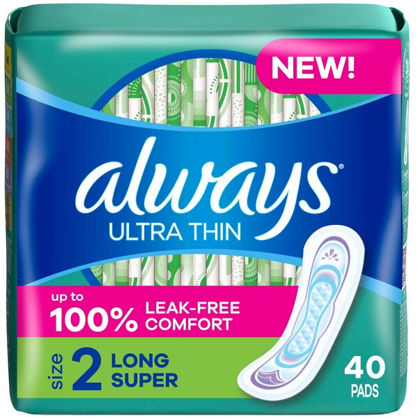Always Ultra Thin Feminine Pads without Wings for Women, Size 2, Long Super Absorbency, Unscented, 40 CT