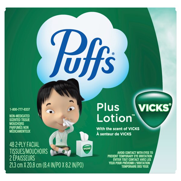 Puffs Plus Lotion with the Scent of Vick's Facial Tissues, 1 Cube, 48 Tissues Per Box