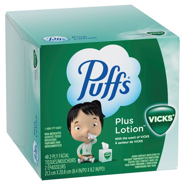 Puffs Plus Lotion with the Scent of Vick's Facial Tissues, 1 Cube, 48 Tissues Per Box