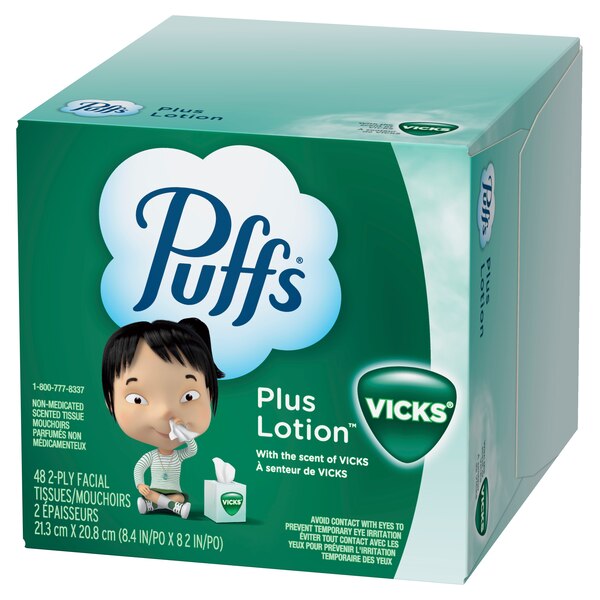 Puffs Plus Lotion with the Scent of Vick's Facial Tissues, 1 Cube, 48 Tissues Per Box