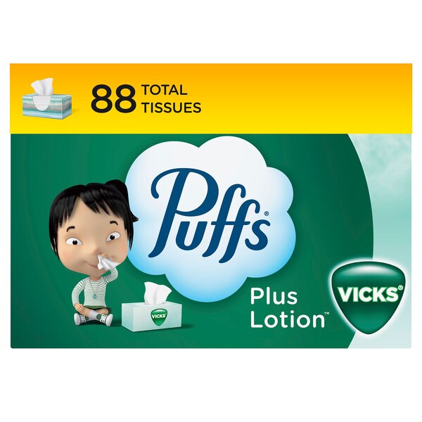 Puffs Plus Lotion with the Scent of Vick's Facial Tissues, 1 Family Size Box, 88 Tissues Per Box
