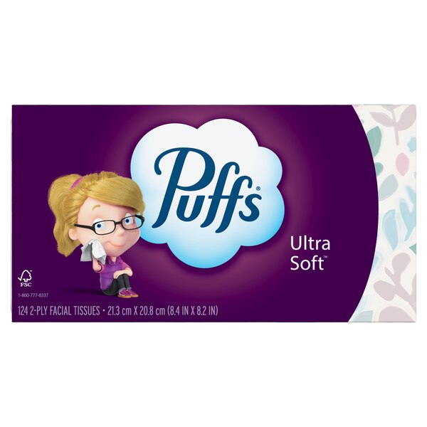 Puffs Ultra Soft Facial Tissues, 1 Family Size Box, 124 Facial Tissues Per Box