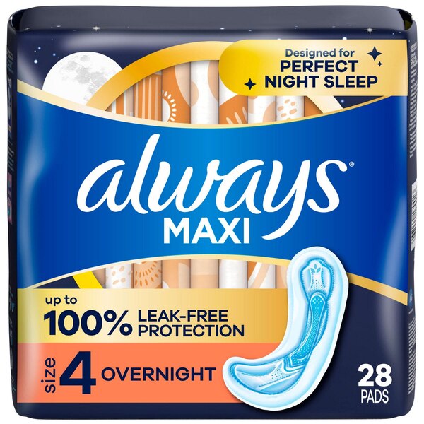Always Maxi Overnight Pads without Wings for Women, Size 4, Overnight Absorbency, Unscented, 28 CT