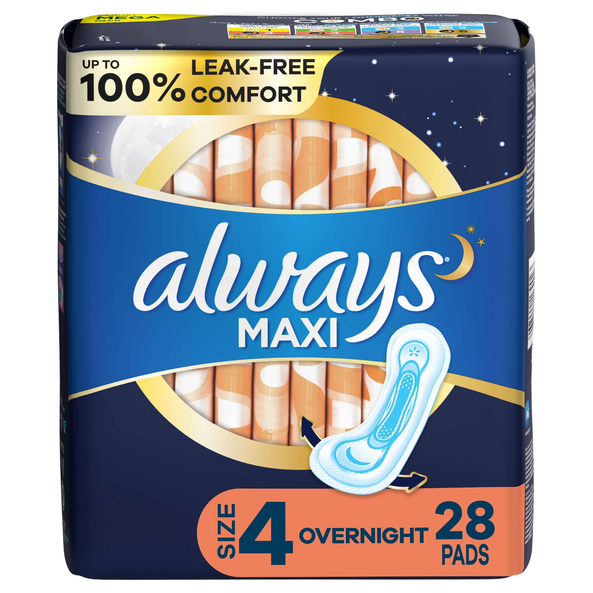 Always Maxi Pads Size 4, Unscented, Overnight, 28 CT