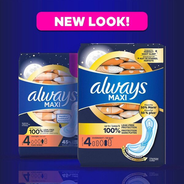 Always Maxi Overnight Pads without Wings for Women, Size 4, Overnight Absorbency, Unscented, 28 CT