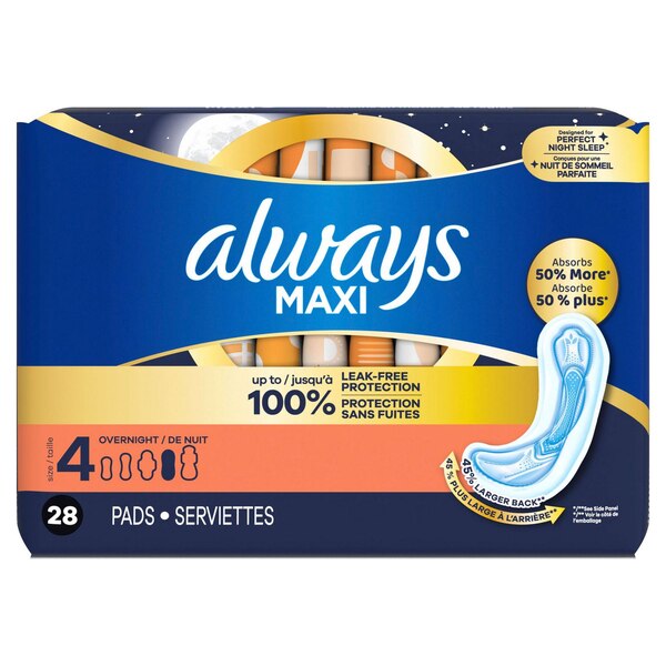 Always Maxi Overnight Pads without Wings for Women, Size 4, Overnight Absorbency, Unscented, 28 CT