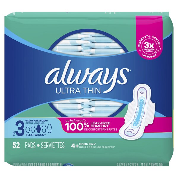 Always Ultra Thin Pads with Wings, Size 3, 52 CT
